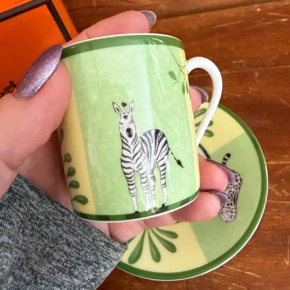 Hermès Africa Green Demitasse Cup and Saucer Set With Box